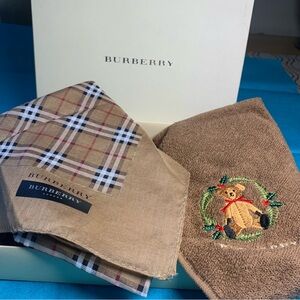 Burberry Beige Plaid Mini Scarf and Brown Towel Set